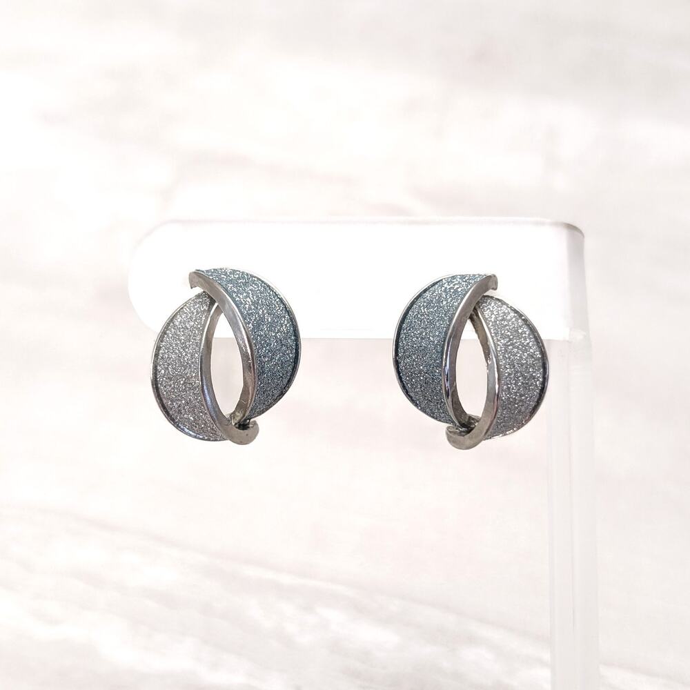 Vintage Stud Earrings Two Tone Silver Tone Glitter Design Statement Glam 7/8"
